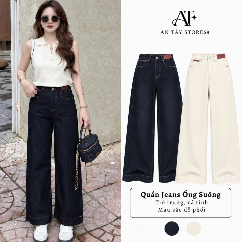 Quần Jean Nữ Ống Suông Màu Xanh Đen/Trắng Kem Phối Đai Da Nâu Dài 96-102cm Denim Đứng Form #8256 #83