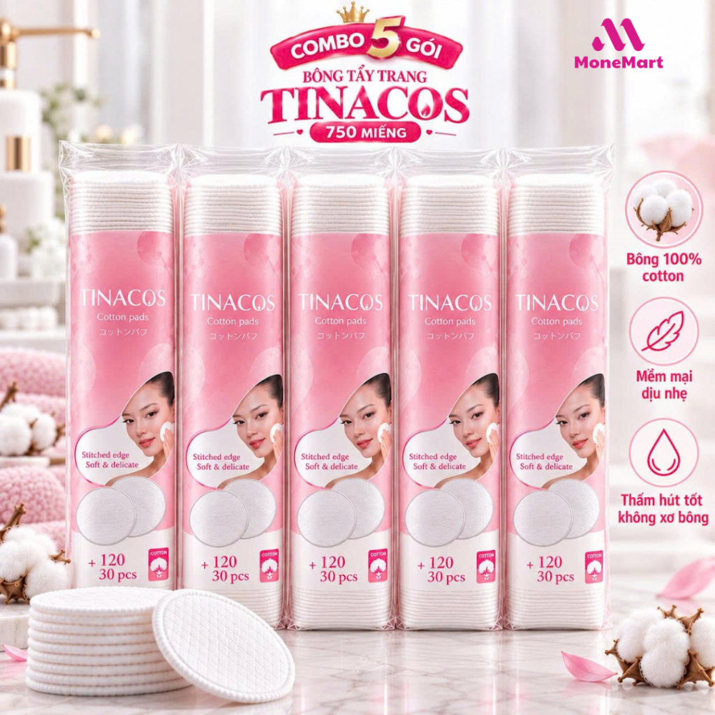 (HÀNG NHẬP KHẨU ) Combo 5 gói 600m Bông tẩy trang Tinacos thương hiệu Thổ Nhĩ Kỳ tặng thêm 150m cotton tự nhiên mềm mịn