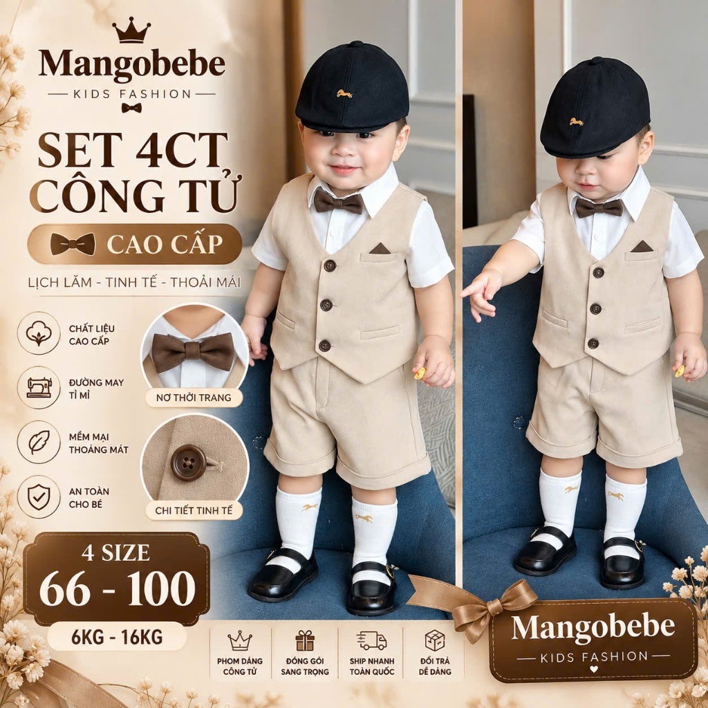 Set tổng đài 4CT Tone be nơ nâu 3 cút cho bé trai đi tiệc thôi nôi cực đẹp - MANGOBEBE