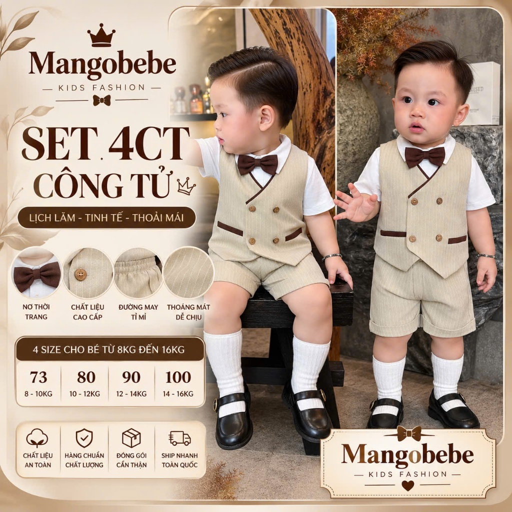 MANGOBEBE -Set công tử  4CT tone be kẻ áo gile  quần  nơ nâu cho bé trai dự tiệc thôi nôi
