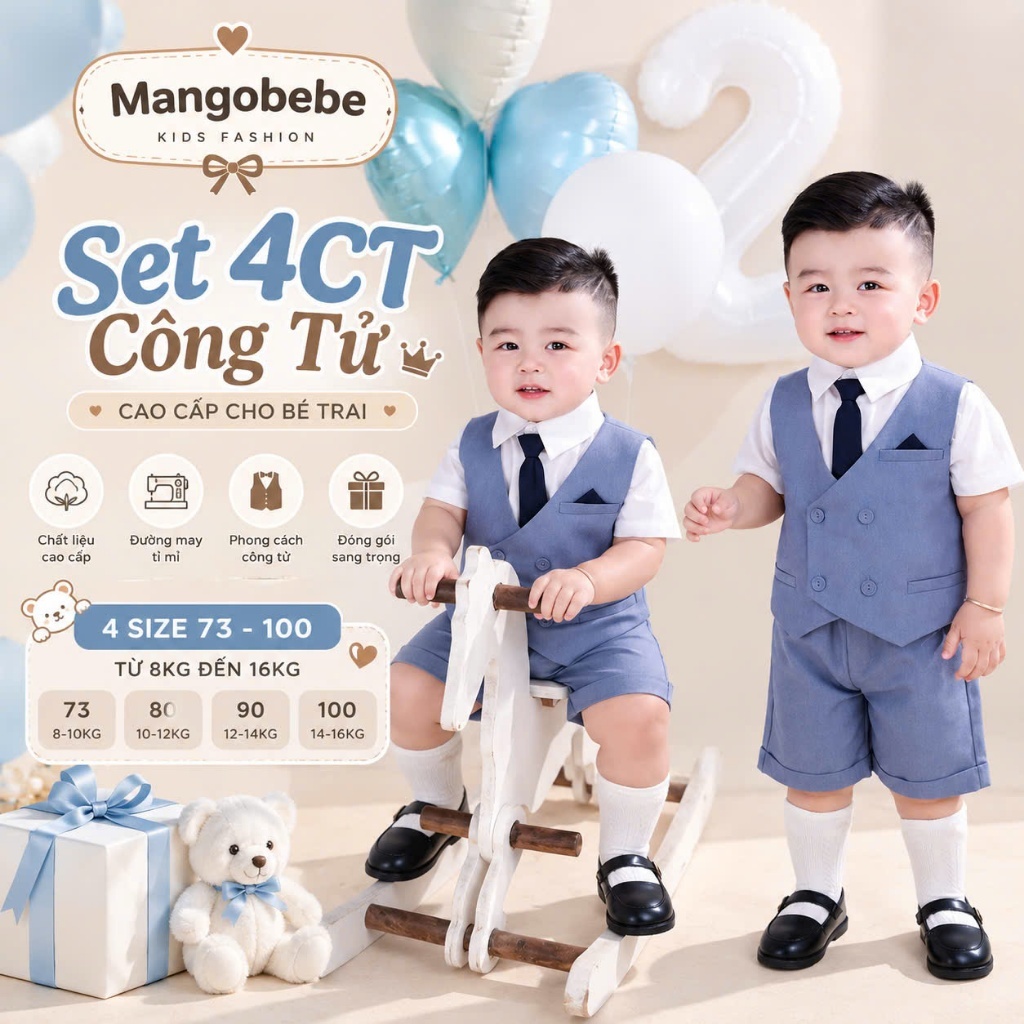 MANGOBEBE-Set tổng đài kèm cavat cao cấp xanh cực sang cho hoàng tử bé diện thôi nôi tiệc event