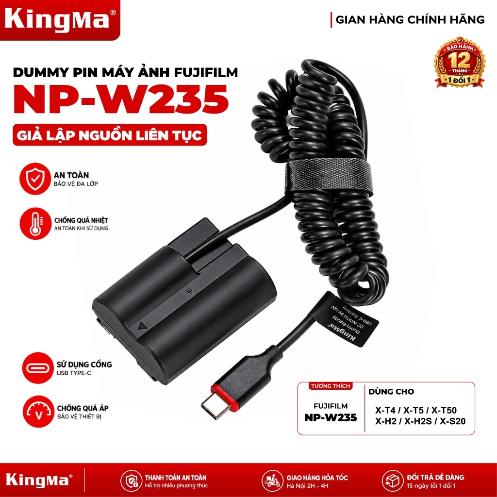 Dummy Pin KingMa NP-W235 Type-C Cho Fujifilm X-T5 X-H2 X-H2S X-S20 GFX100 II Cấp Nguồn Liên Tục 2in1