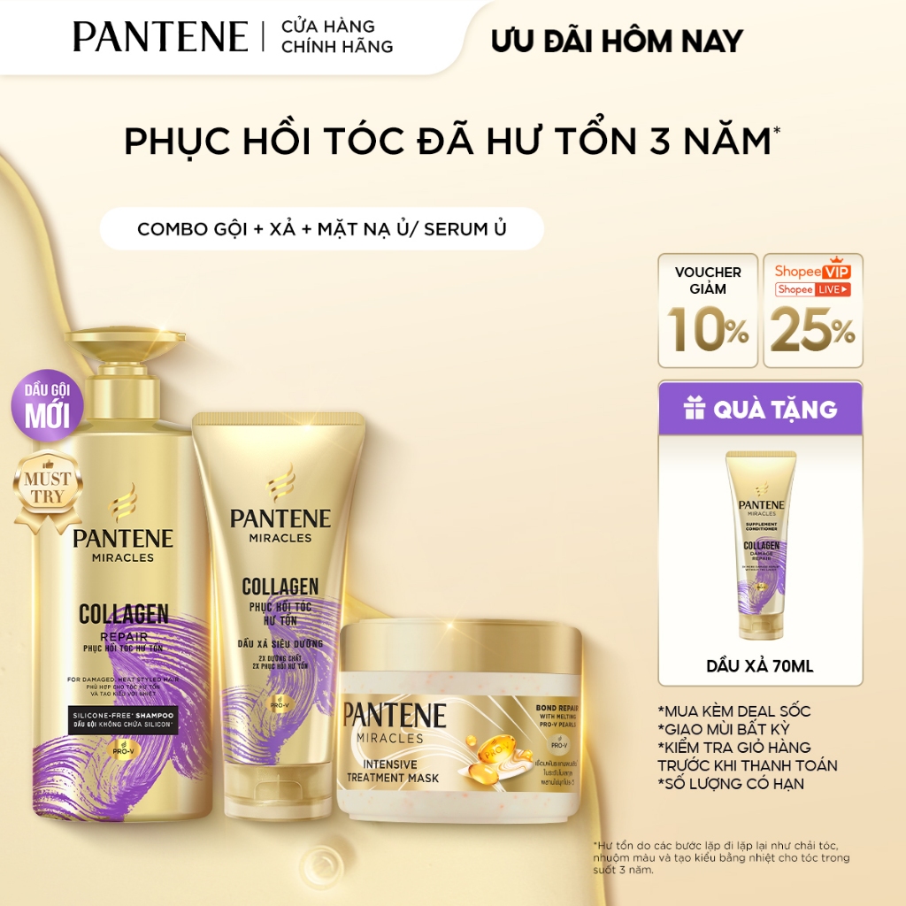 [MỚI] Combo 3: Gội+Xả+Ủ PANTENE MIRACLES:Gội 0%Silicone+Xả Siêu Dưỡng+ Mặt Nạ Ủ/Kem Ủ Tóc Serum Phục