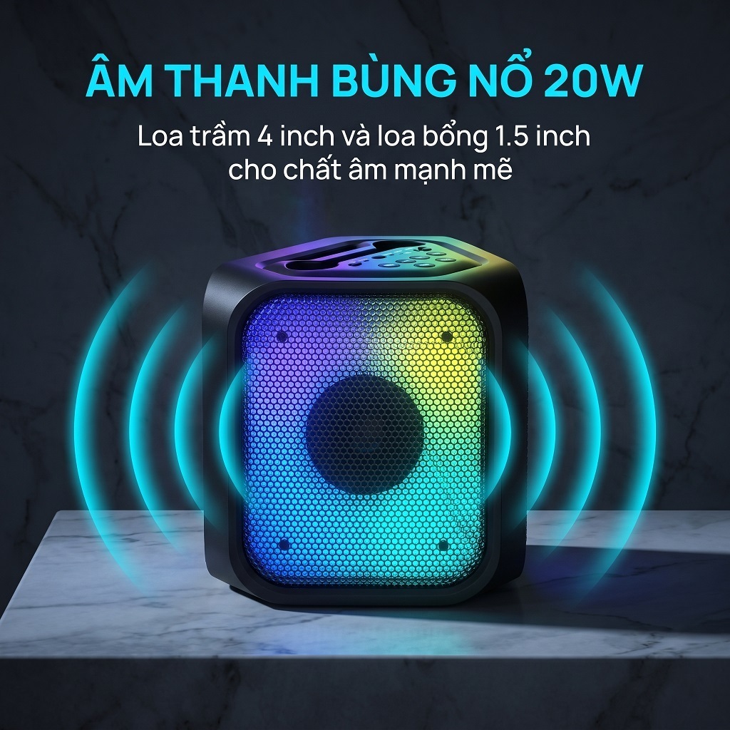 Loa Karaoke Bluetooth Di Động 20W, Kèm 2 Micro Không Dây, Đèn LED RGB, Hỗ Trợ…