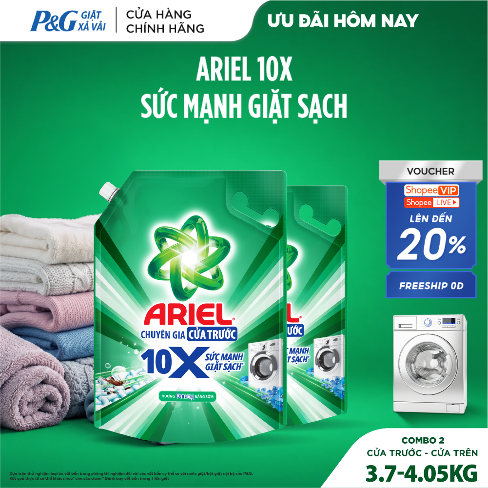 Combo 2 Nước Giặt Gel ARIEL 10X Sức Mạnh Giặt Sạch Chuyên Gia Hương Downy Nắng Sớm Cửa Trước Túi 3.7