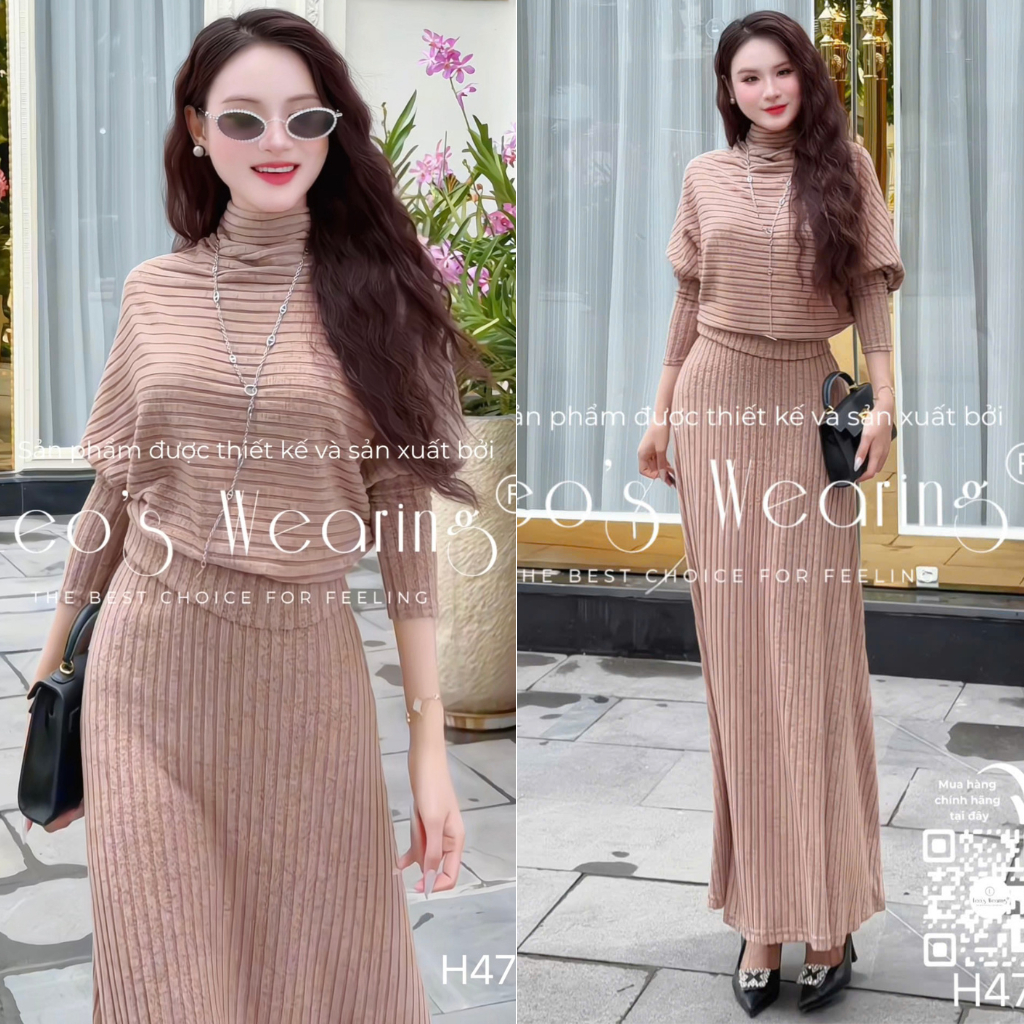 Set Váy Len Dệt LEOSWEARING, ÁO Cổ Cao Tay Dài Kèm Chân Váy Xòe Dài H47