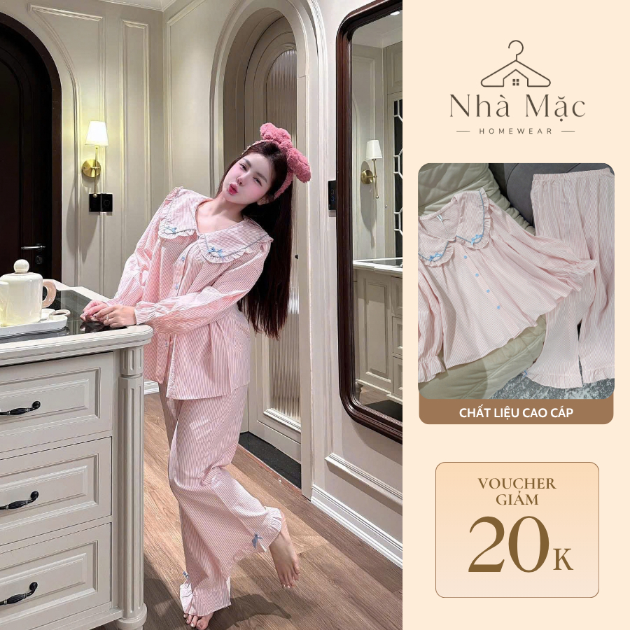 Bộ đồ mặc nhà pijama nữ dài tay quần dài họa tiết kẻ nhỏ viền cổ lá sen phối 2 nơ chất thô đũi kiểu tiểu thư 0094