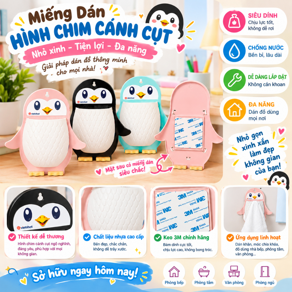 Khay đựng bàn chải Kệ đựng kem đánh răng dán tường hình chim cánh cụt Việt Nhật Đức Huỳnh DN266