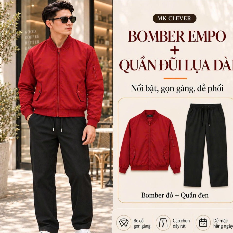 Combo Áo Khoác Bomber Empo + Quần Đũi Lụa Dài MK CLEVER Basic Mặc Thu Đông Phối Đồ Cực Đẹp