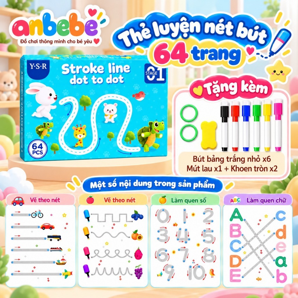 Combo Tập Tô Vẽ Thông Minh ANBEBE Xóa Được 64Trang Tặng 6 Bút, Đồ Chơi…