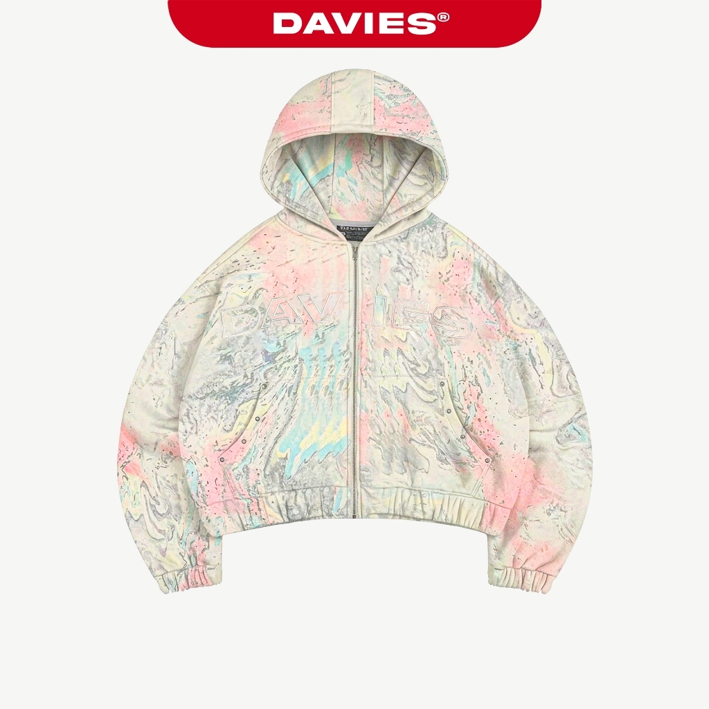 Áo khoác hoodie nỉ bông kéo khoá zip DAVIES chữ thêu nổi đính nút hoạ tiết hologram Commando Hoodie 