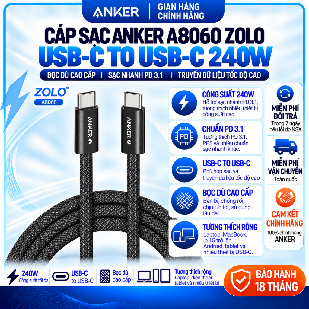 Cáp Sạc Anker A8060 Zolo Bọc Dù USB-C To USB-C 240w - Bảo Hành 18 Tháng