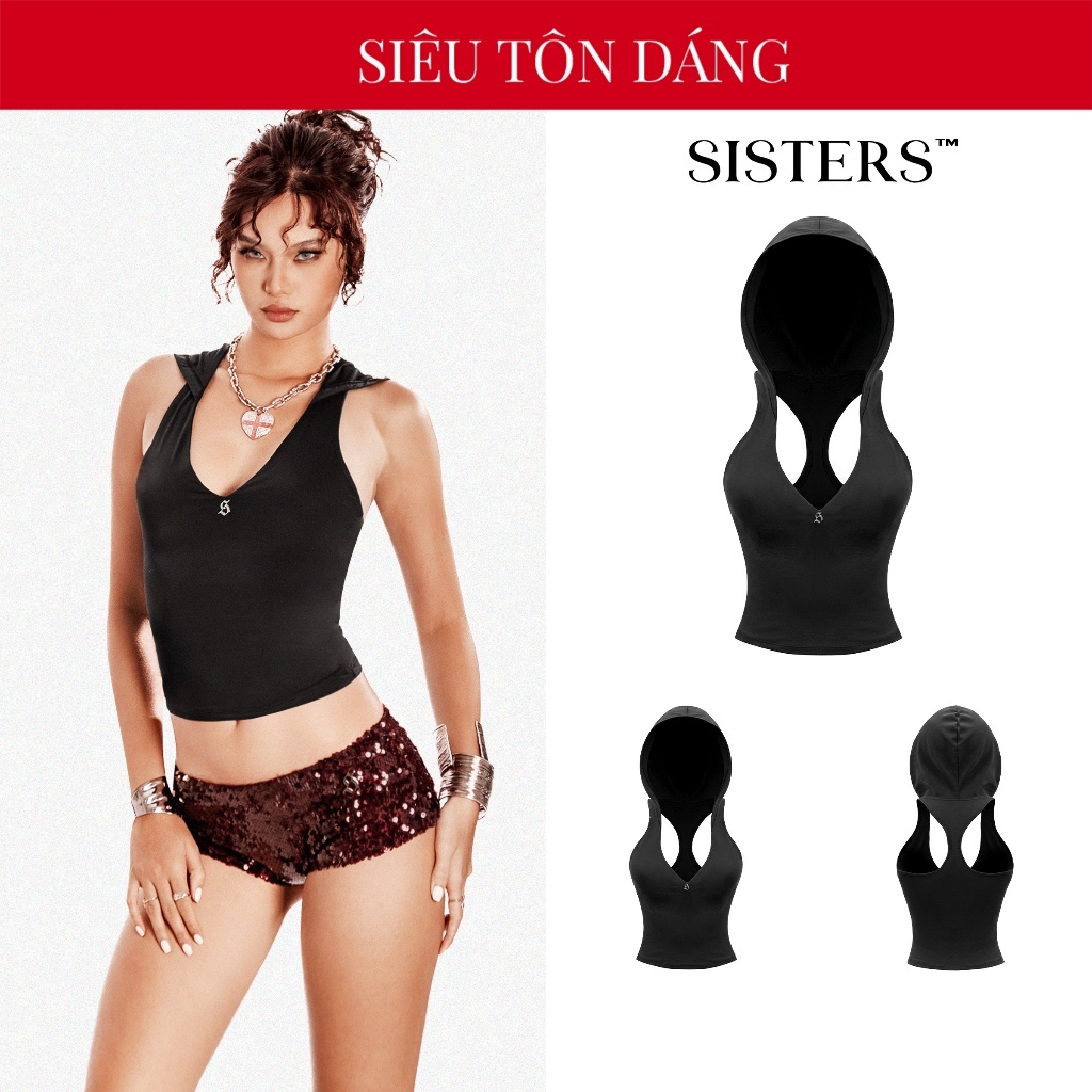 Áo sát nách nữ dáng croptop phối mũ SISTERS cổ V sâu đính logo inox lưng dây chữ Y ôm sát dáng Anara