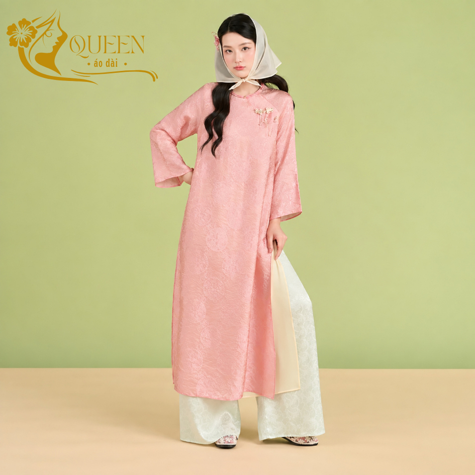 Áo Dài Cách Tân Cổ Tròn Lụa Tằm Ánh Kim Hồng Pastel Phối Tơ Óng Kèm Quần Gấm Xanh