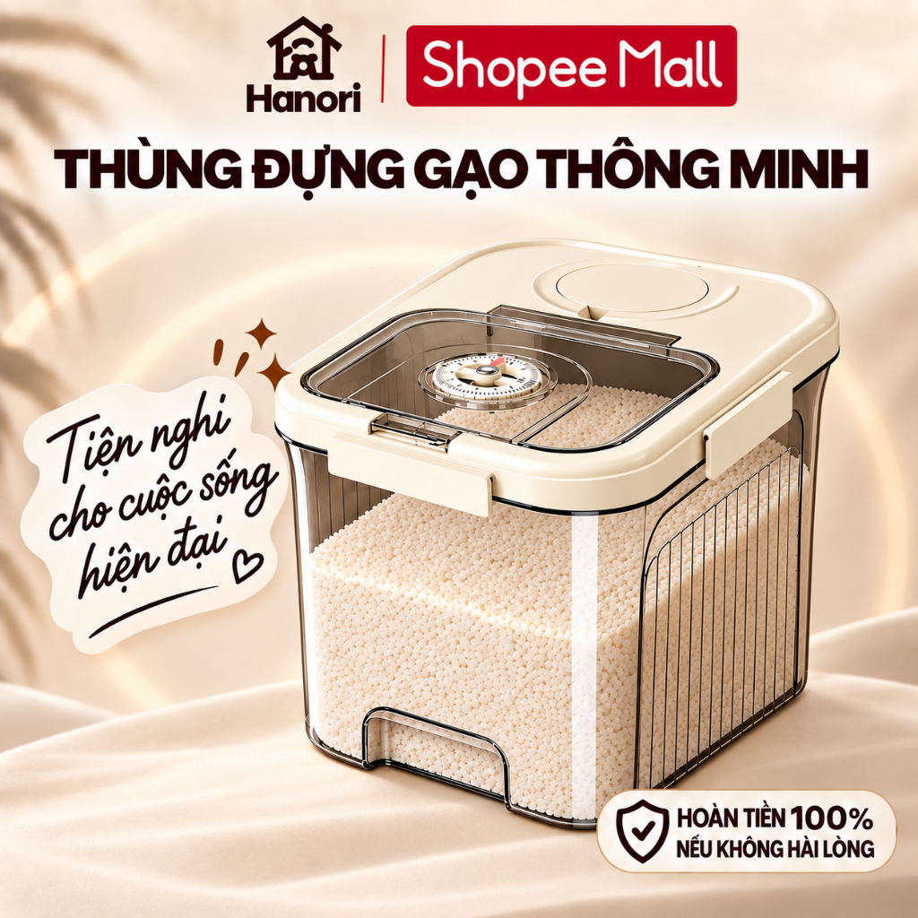 Thùng Đựng Gạo Thông Minh Hanori 5kg 10kg 15kg, Hộp Bảo Quản Gạo Kín Có Nút…