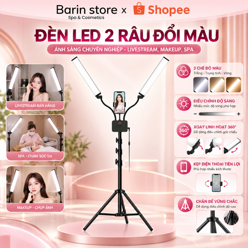 Đèn Led 2 Râu Trợ Sáng Spa Trợ Sáng Livestream Phun Xăm Điều Chỉnh 3 Màu Ánh Sáng Có Điều Khiển