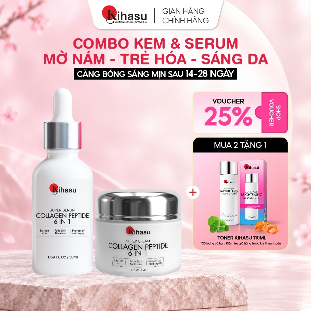 Combo Serum Kem Kihasu Collagen 6IN1 Size Lớn Hỗ Trợ Mờ Thâm Nám, Dưỡng Sáng, Cấp Ẩm Da Yếu