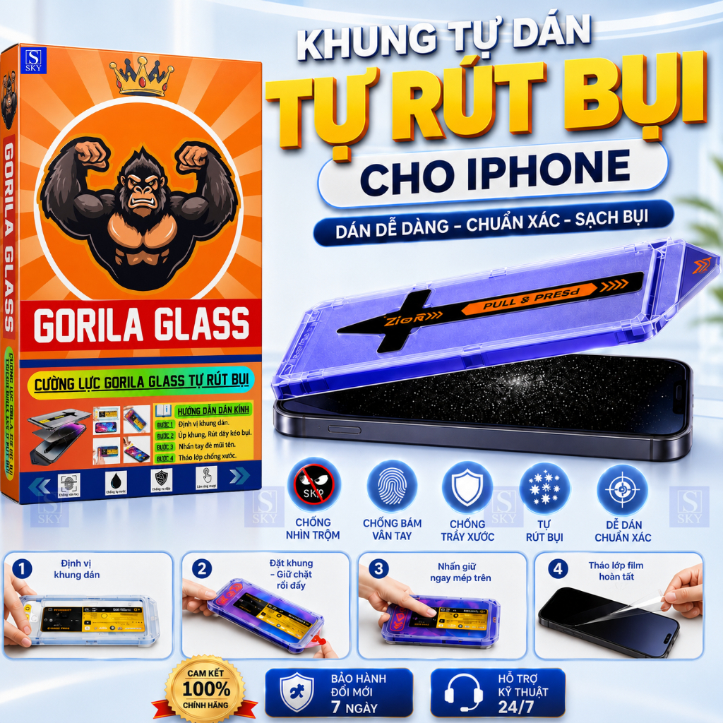Kính Cường Lực iPhone khung tự dán GORILA GLASS Chống Nhìn Trộm Có Rút Bụi…