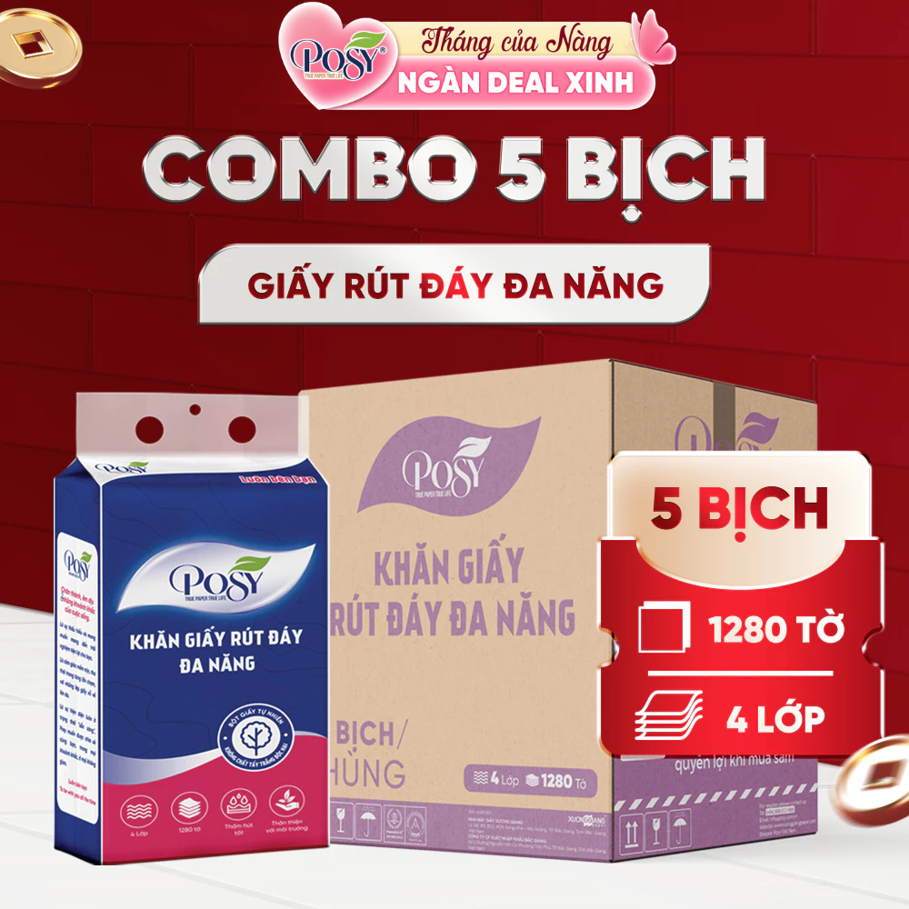 Posy thùng 5 bịch khăn giấy rút đáy đa năng posy 1280 tờ 4 lớp mềm mịn siêu…