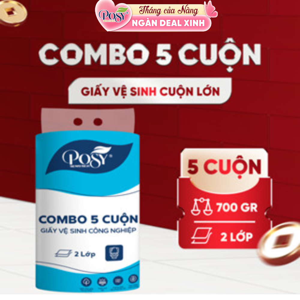 POSY COMBO 5 CUỘN GVS cuộn lớn Posy 700gr 2 lớp, mềm dai, tiết kiệm, lựa chọn cho công ty, văn phòng