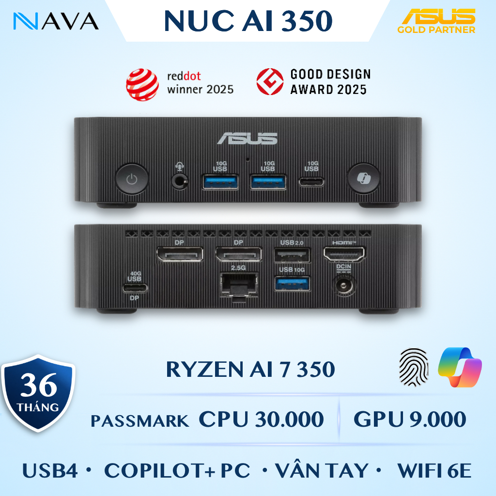 Mini PC ASUS NUC AI 350 DDR5 AMD Ryzen AI 7, Radeon 860M, Copilot+ PC, Khóa Vân Tay, PN54-B-S70032MN - Bảo Hành 36 Tháng