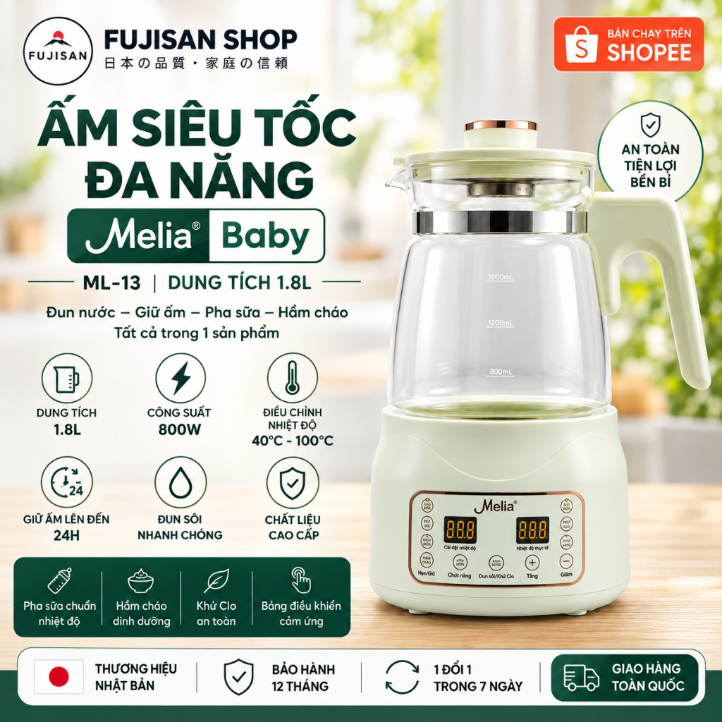 Melia Baby ML-13 Bình Đun Nước Đa Năng 1.8L Bình Pha Sữa Giữ Nhiệt 72H Điều…