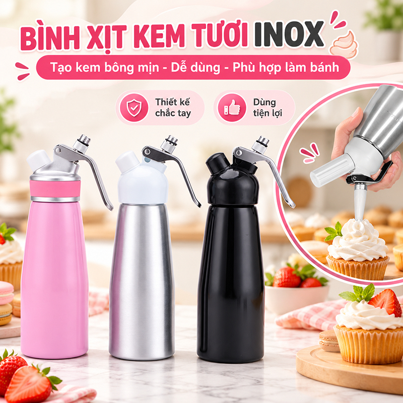 Bình Xịt Kem Tươi 500ml Tạo Bông Kem, Bình Làm Whipping Cream Trang Trí Bánh Pha Chế Đồ Uống