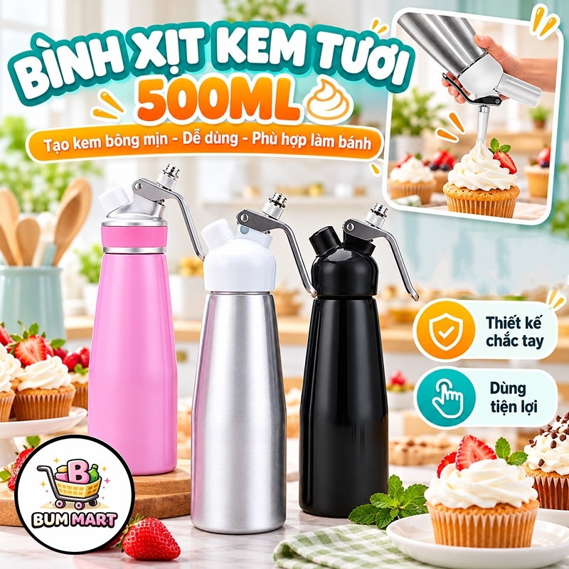 Bình Tạo Kem Tươi 500ml Cream Whipper, Bình Xịt Whipping Cream Làm Topping Trang Trí Bánh Cà Phê
