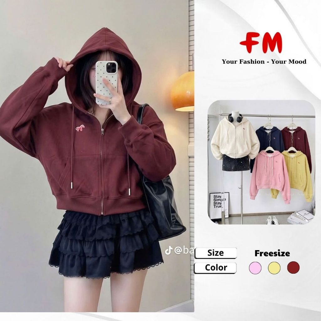 Áo Khoác Nỉ Nữ FMSTYLE Có Mũ Khóa Kéo Thêu Chú Ngựa Form Rộng Tay Dài 26070682