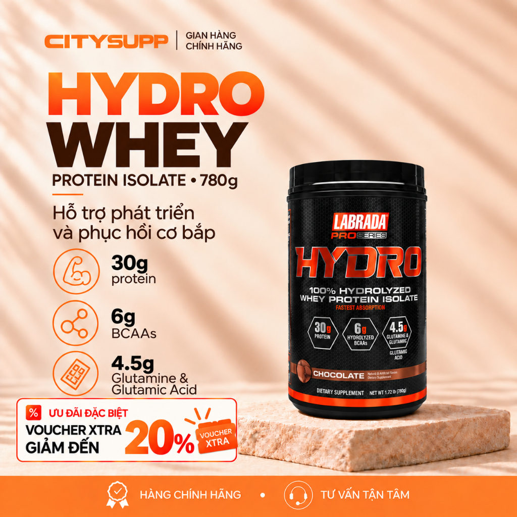 Sữa Bột Labrada HYDRO WHEY 780g (20 Lần Dùng) 100% Hydrolyzed Whey Protein Isolate | CitySupp