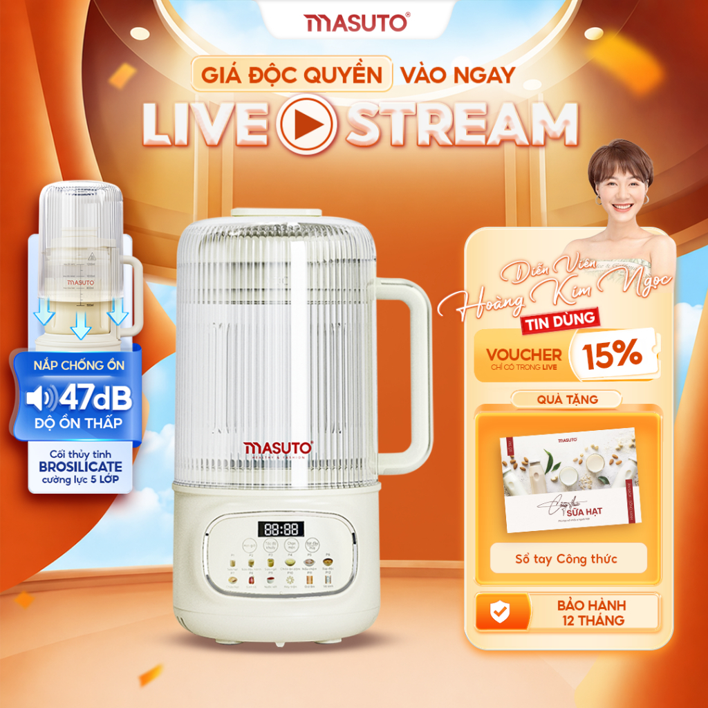 Máy Làm Sữa Hạt Thủy Tinh Chống Ồn Masuto 1,2L Xay Hạt Nhuyễn Mịn Chống Trào…