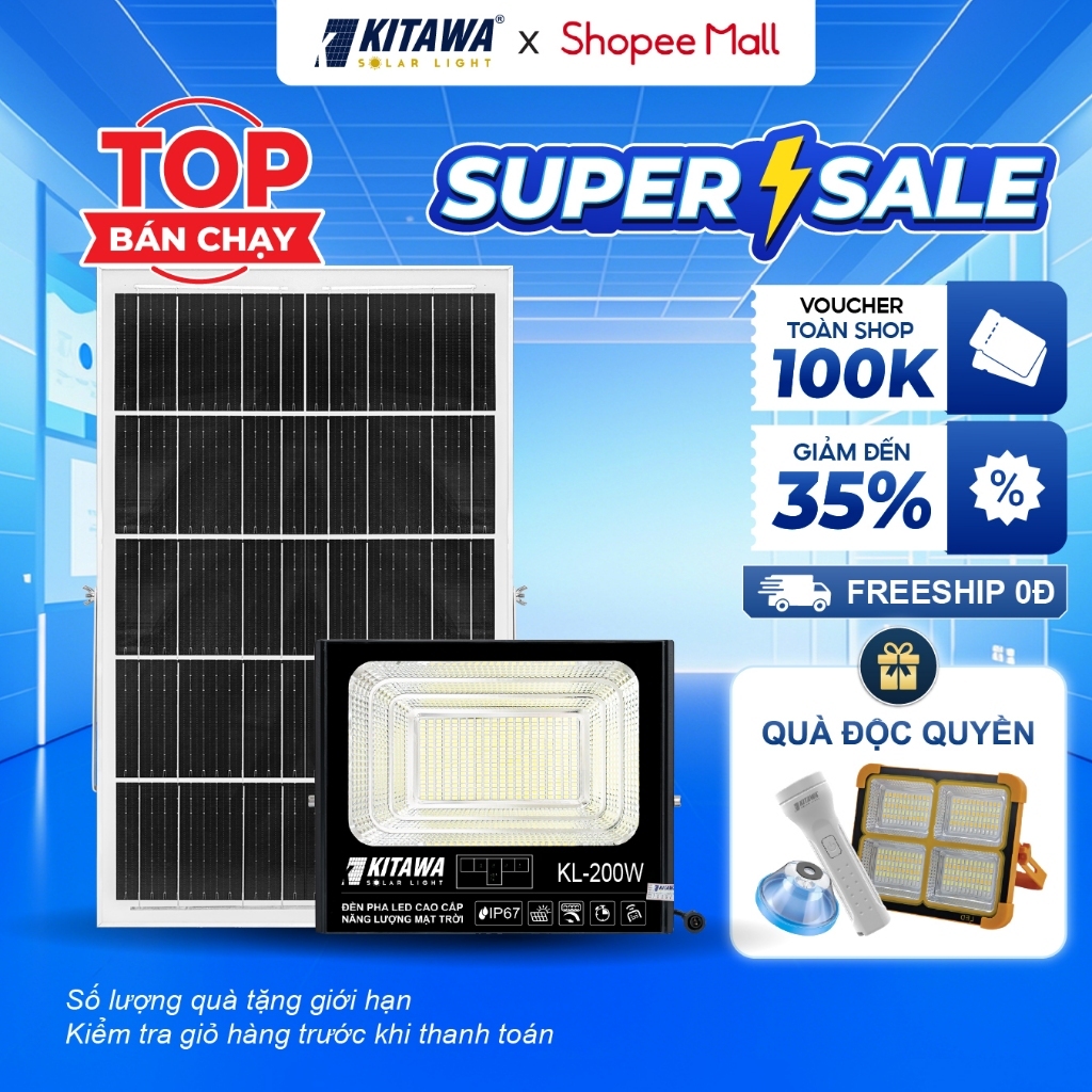 Đèn Pha Năng Lượng Mặt Trời Kitawa 200W DP1200, Bảo Hành 3 Năm, Chống Nước Chống Bụi IP67