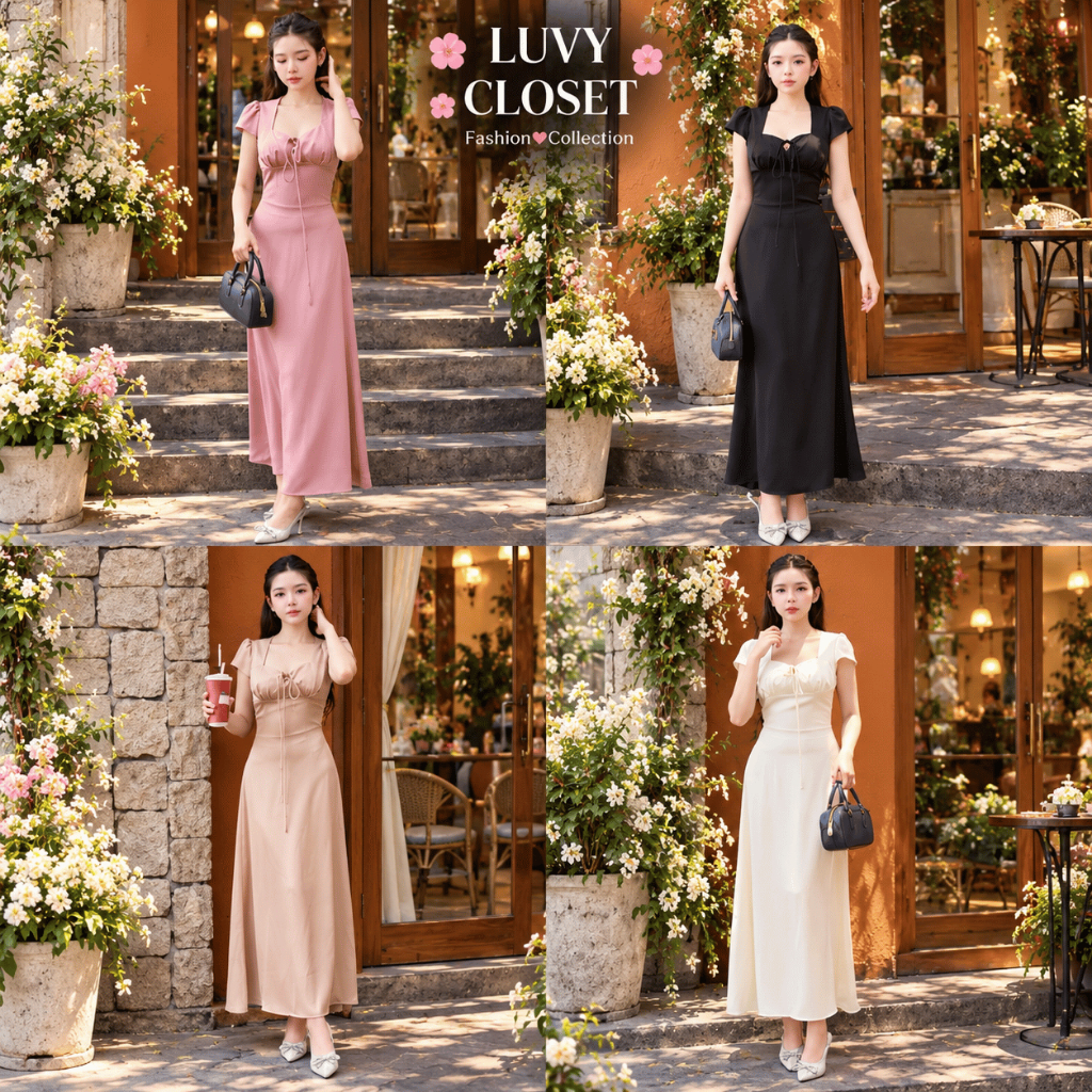 Đầm Lụa Mango Dáng Dài Cổ Vuông Thắt Nơ Sang Trọng - Luvy Closet