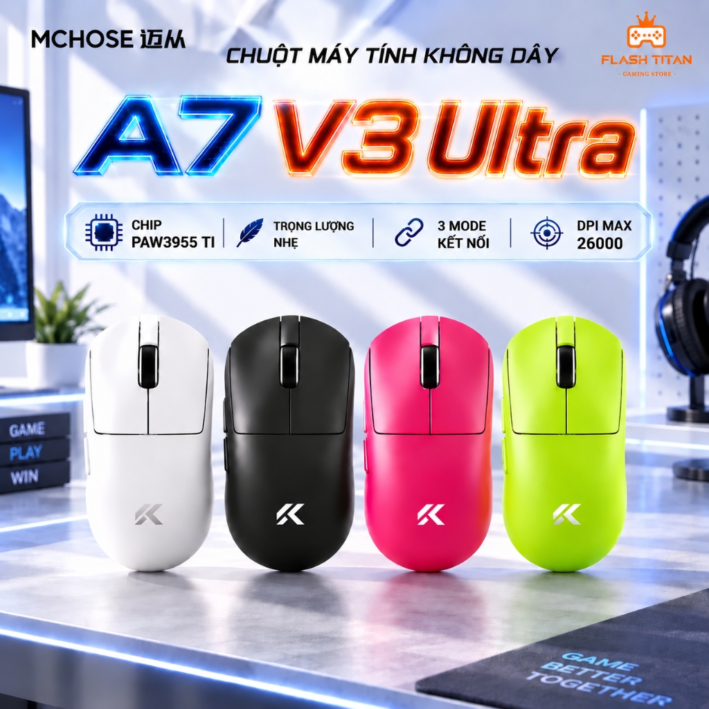 Chuột Không Dây Gaming Mchose A7 V3 Ultra Cao Cấp Trang Bị Chip PAW3955 - Polling rate 8k, Dùng Chơi Game FPS, Văn phòng