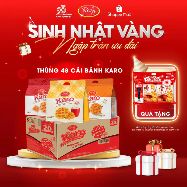 [TẶNG QUÀ ĐƠN TỪ 250K] Thùng 48 bánh trứng tươi - chà bông Karo Richy 26g/gói, bánh kẹo Richy back to school