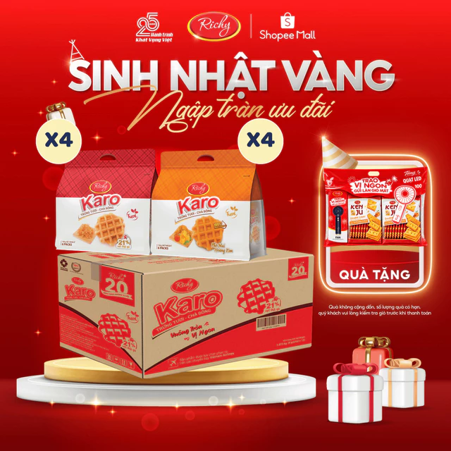 [TẶNG QUÀ ĐƠN TỪ 250K]Combo 8 bịch Bánh Karo chà bông sợi gà, Bánh tươi, Bánh kẹo Richy