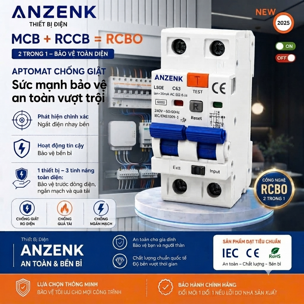 Aptomat Chống Giật ANZENK C63 RCBO Chống dòng rò Bảo vệ quá tải và ngắn mạch