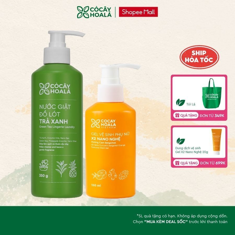 [HỎA TỐC] COMBO Nước Giặt Đồ Lót Trà Xanh Cỏ Cây Hoa Lá 350gr và Dung Dịch Vệ Sinh x2 Nano Nghệ 150m
