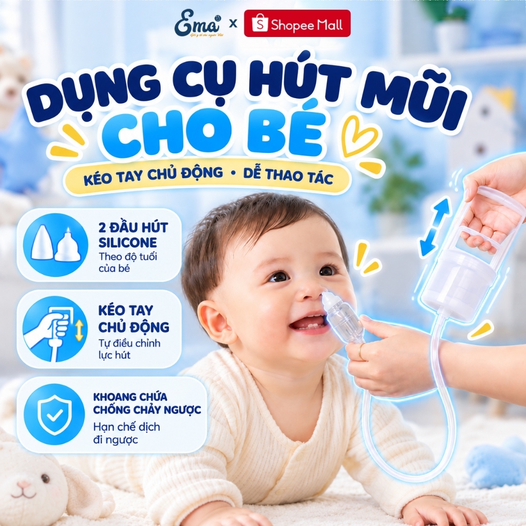 Dụng cụ hút mũi cho trẻ EMA - lực hút mạnh, chống chảy ngược, không tiếng ồn, không làm trẻ sợ