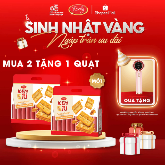 [MUA 2 TẶNG 1 QUẠT] Combo 2 Kenju Gà Nướng Phô Mai, Kenju 2 Lớp Chà Bông, Túi 216g, Bánh Kẹo Richy