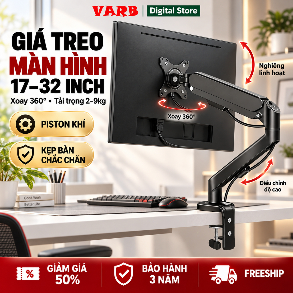 VARB Arm Màn Hình Máy Tính 13–34 Inch, Piston Khí, Tải 9kg, Xoay 360°, VESA…