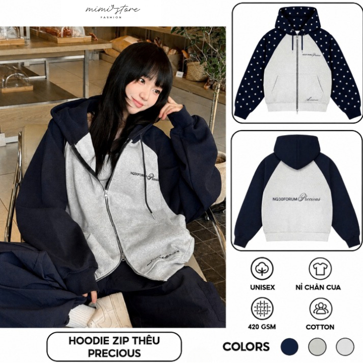 Áo Khoác Hoodie Zip Nỉ Chân Cua 2 Khoá Chữ Thêu Nổi Kiểu Dáng Unisex Dáng Rộng