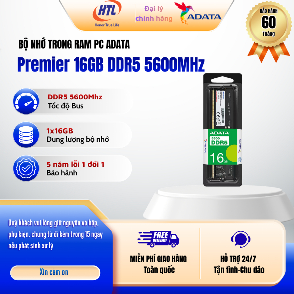 Ram Desktop ADATA Premier 16GB DDR5 5600MHz AD5U560016G-S - Bảo hành 5 năm
