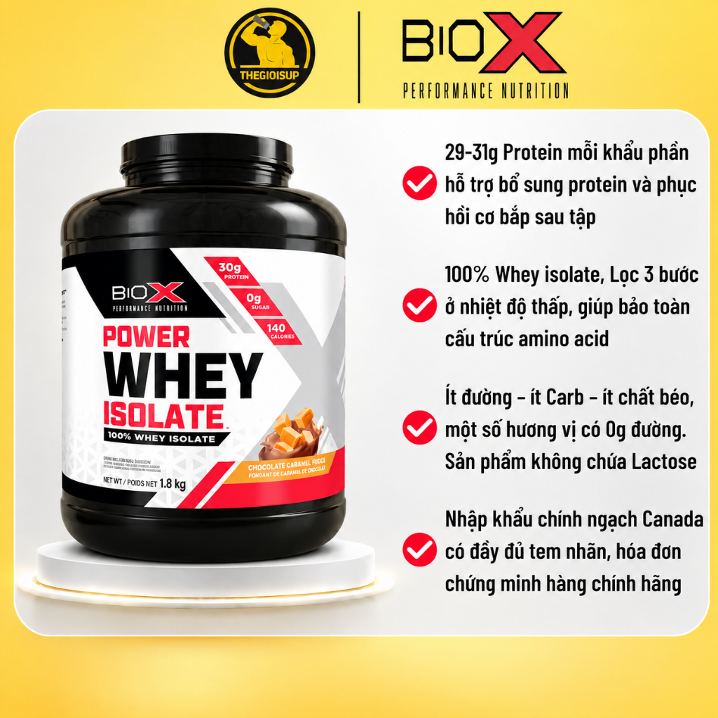 Sữa whey BIOX Power Whey Isolate 100% Whey Isolate 1.8kg - Hỗ trợ tăng cơ