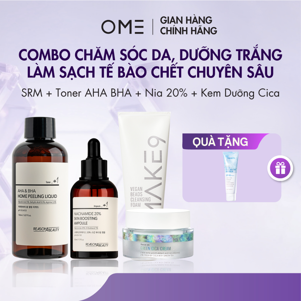 Bộ Combo 4 Sản Phẩm Dưỡng Trắng Da Hoàn Hảo Giúp Dưỡng Trắng, Sạch Mụn Giảm Thâm, Thu Nhỏ Lỗ Chân Lông, Căng Mịn Da RSAB
