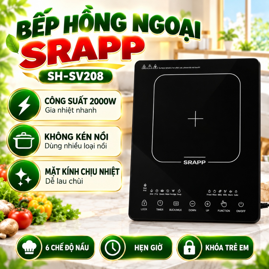 Bếp Hồng Ngoại SRAPP Không Kén Nồi, Công Suất 2000W Cảm Ứng LED, 6 Chế Độ Nấu…