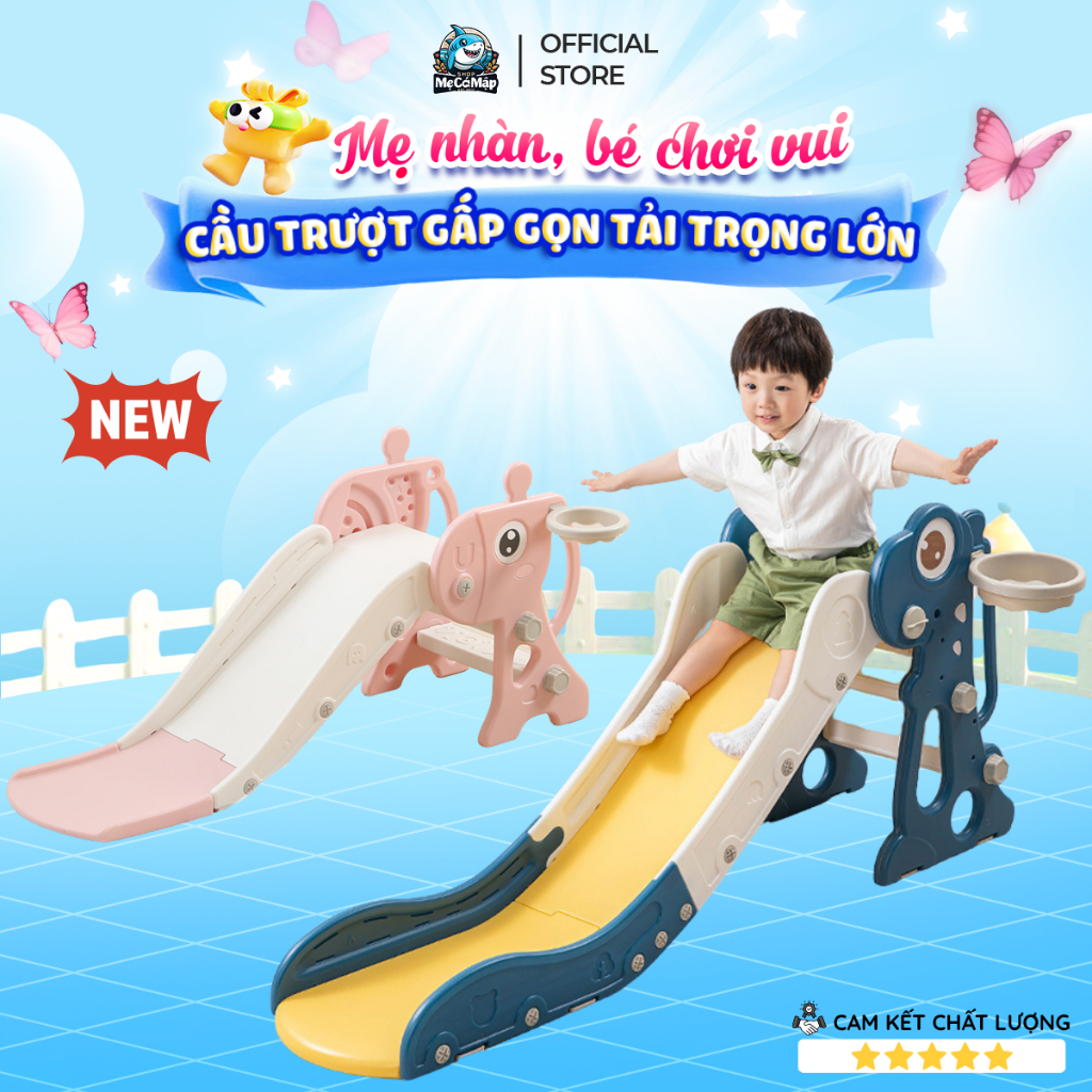 Cầu Trượt Cho Bé Tặng kèm Bóng Rổ + Ném Vòng, Cầu Trượt Cho Bé Trai Bé Gái Gấp…