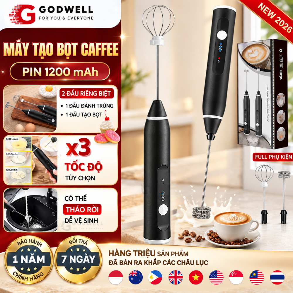 Máy Đánh Trứng Mini Cầm Tay Không Dây, Máy Tạo Bọt Cafe, Đánh Kem Mịn 3 Chế Độ Pha Chế Tiện Lợi