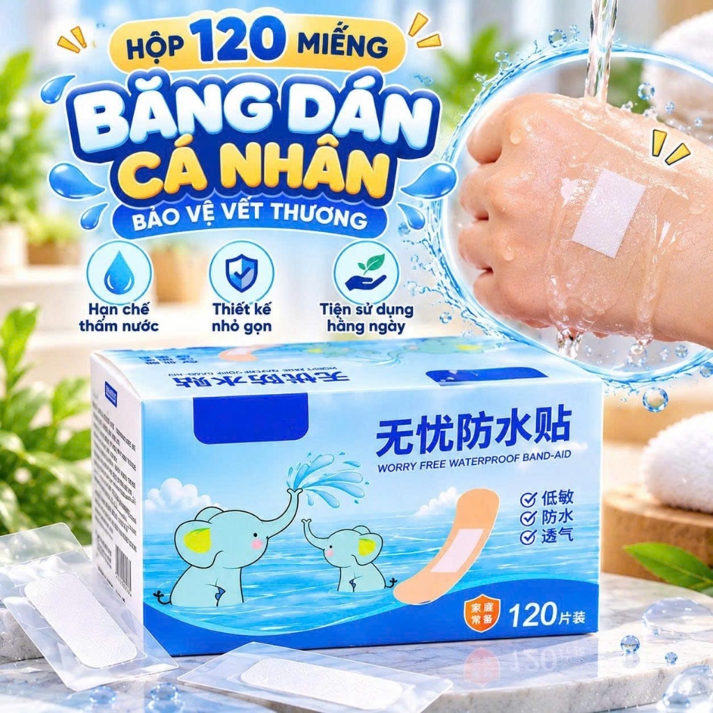 Hộp 120 miếng băng dán cá nhân bảo vệ vết thương chống thấm nước 7.2x2cm