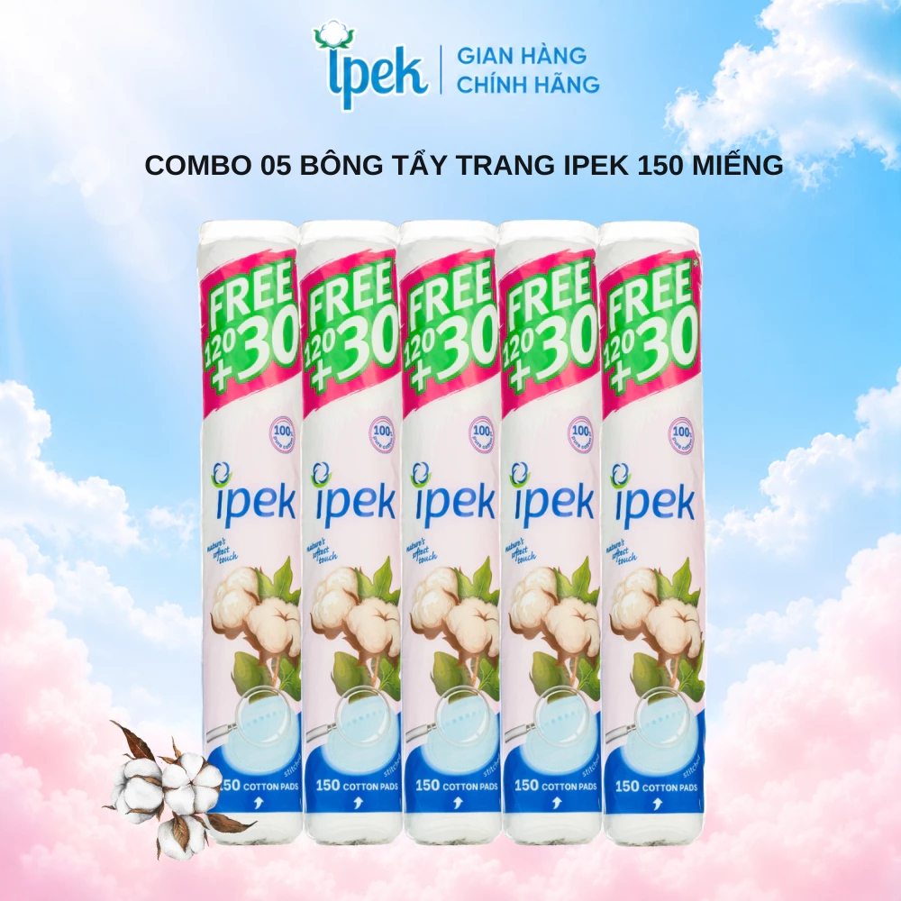 Combo 5 gói bông tẩy trang Ipek siêu mềm mịn không xơ bông 150 miếng( 5x150 miếng)
